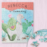 Llama Illustration - Llamazing Kids Personalised Jigsaw Puzzle<br><div class="desc">Personalised kids puzzle with adorable llama illustration. The template is set up for you to add the child's name, so the text reads "[name] is llamazing!". The puzzle has a watercolor illustration of an adorable fluffy white llama standing in a cactus garden. She is wearing a pink flower in her...</div>