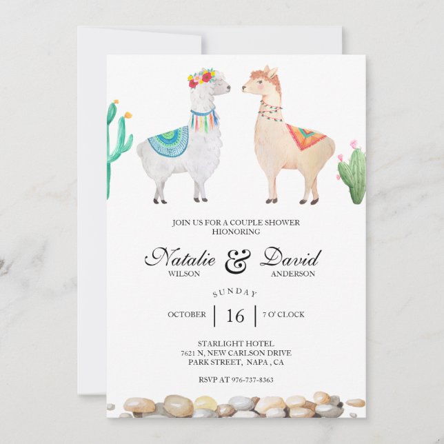 Llama Illustration Teal Couple Shower Invitation (Front)