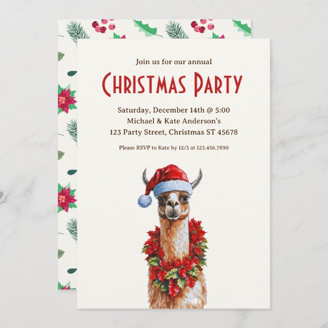 Llama in a Santa Hat Poinsettias Christmas Party Invitation (Front/Back)