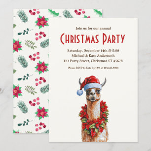 Llama in a Santa Hat Poinsettias Christmas Party Invitation