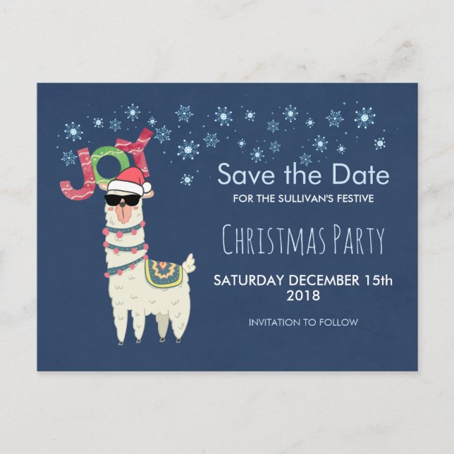 Llama in Santa Hat with Snowflakes Save the Date Postcard (Front)