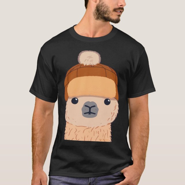 Llama in Winter Hat Cute Character T-Shirt (Front)