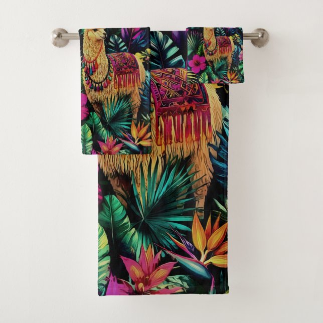Llama Jungle Dreams Seamless Surface Pattern Bath Towel Set (Insitu)