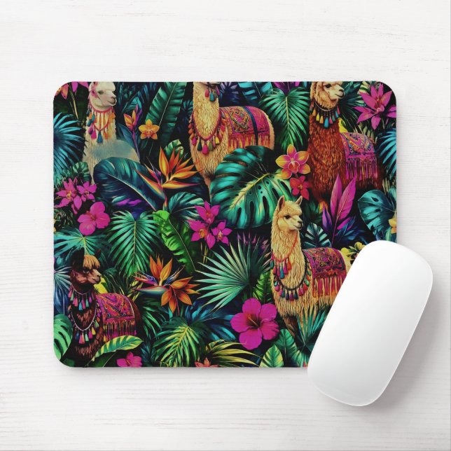 Llama Jungle Dreams Seamless Surface Pattern Mouse Mat (With Mouse)