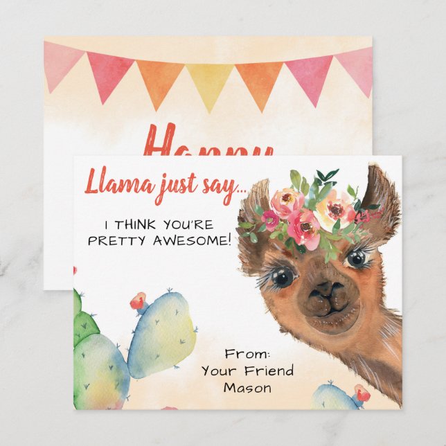 Llama Just Say Kids Classroom Valentine's Day Card (Front/Back)