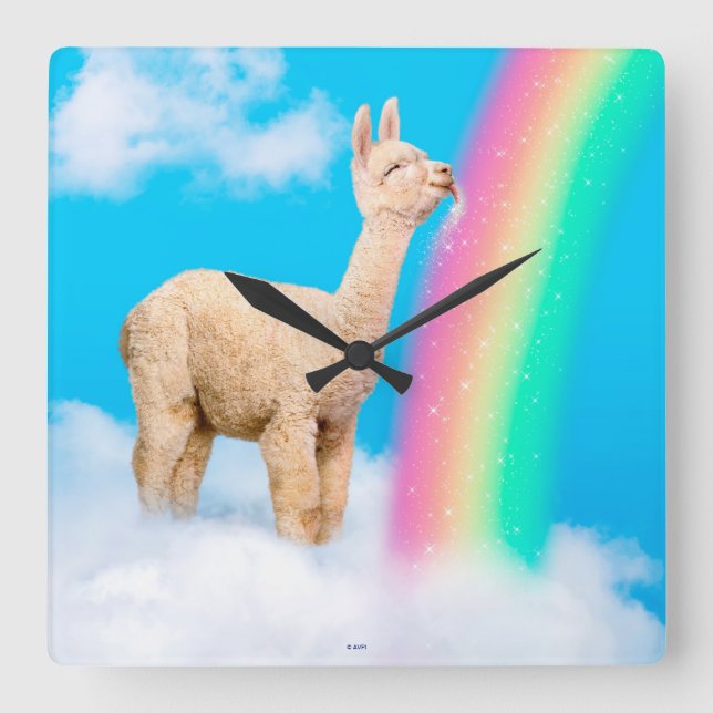 Llama Licking Rainbow Square Wall Clock (Front)