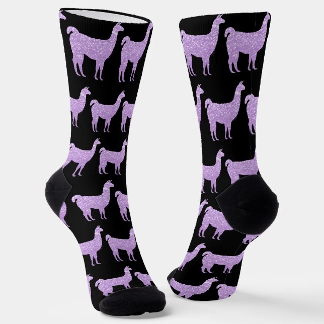 Llama Light Purple Sparkles pattern black Socks (Angled)
