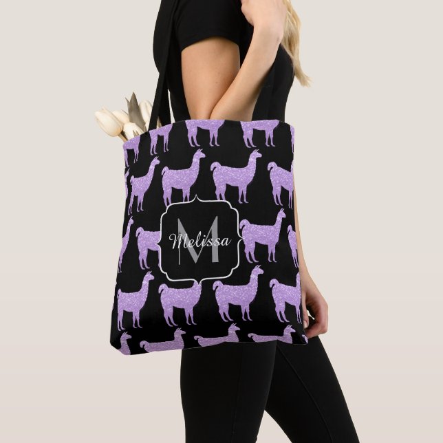 Llama Light Purple Sparkles pattern Monogram Tote Bag (Close Up)