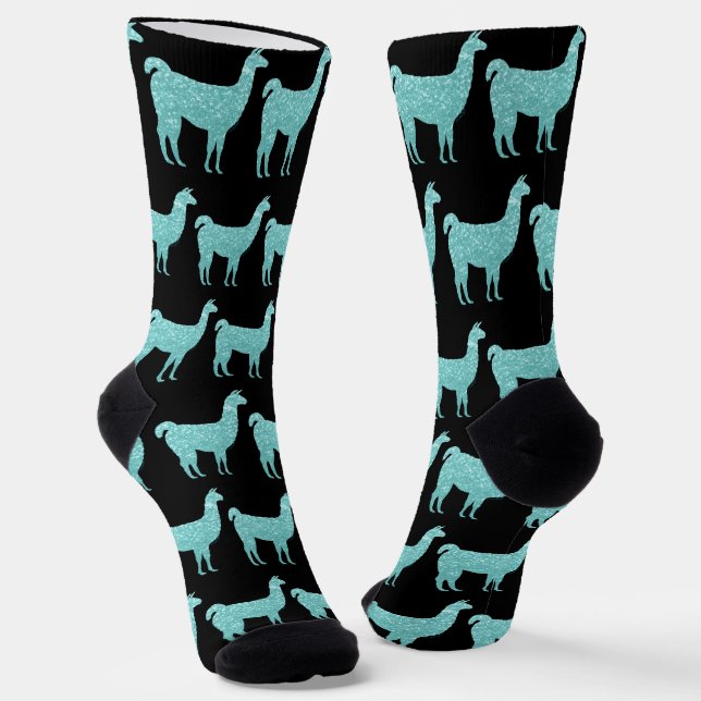 Llama Light Turquoise Sparkles pattern black Socks (Angled)
