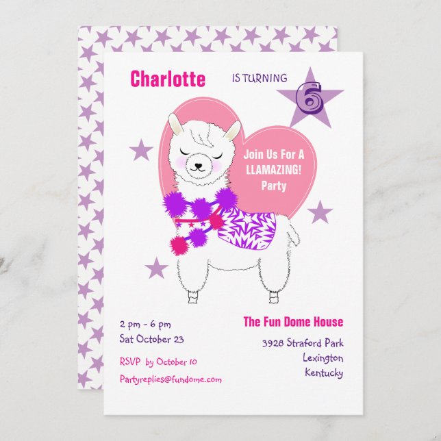 Llama Llamazing Girls Cute Birthday Party Invitation (Front/Back)