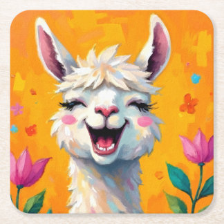 Llama Love in Bloom Square Paper Coaster
