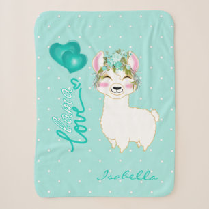 Llama Love in Teal Floral Design Sherpa Blanket