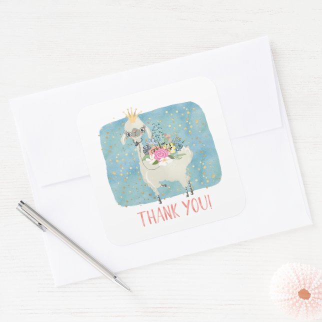 Llama Love Thank You Cute Adorable Girls Birthday  Square Sticker (Envelope)