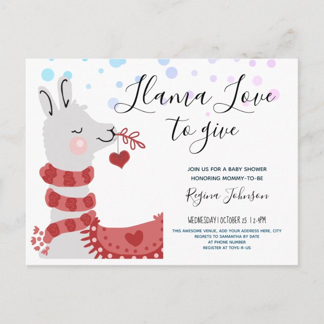 llama Love Valentine Baby Shower Girl Invitation Postcard (Front)