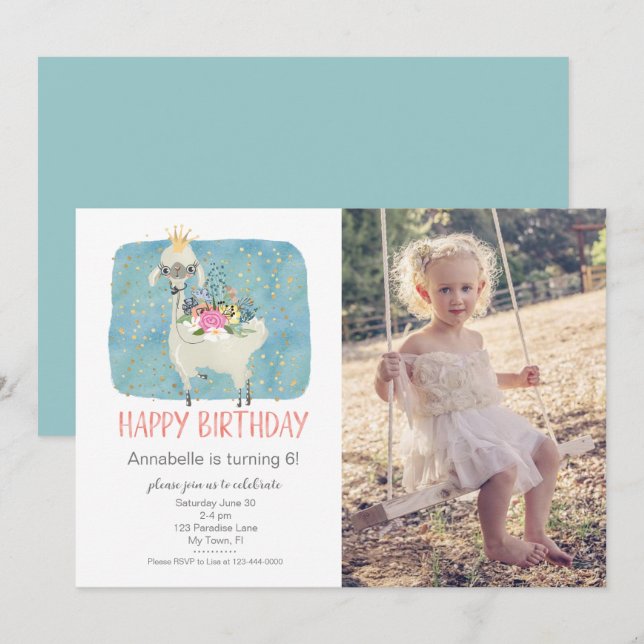 Llama Love Watercolor Cute Photo Birthday Party Invitation (Front/Back)