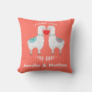 Llama Love You Babe Coral Custom Couples Names Cushion