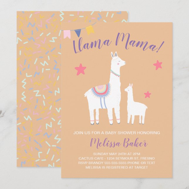 Llama Mama Baby Llama Peach Purple Baby Shower Invitation (Front/Back)