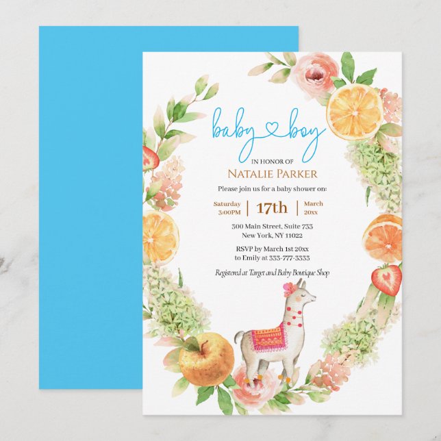 Llama Mama Citrus Floral Greenery Baby Boy Shower Invitation (Front/Back)
