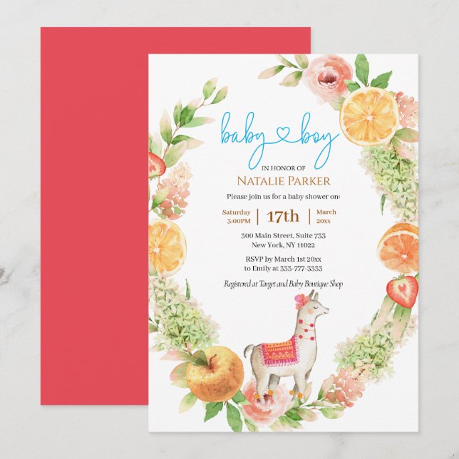 Llama Mama Citrus Floral Greenery Baby Boy Shower  Invitation (Front/Back)