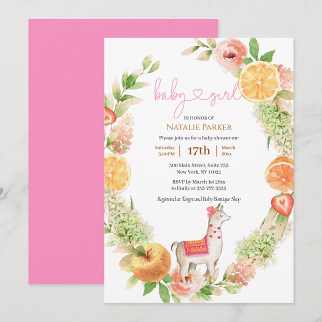 Llama Mama Citrus Floral Greenery Baby Girl Shower Invitation (Front/Back)