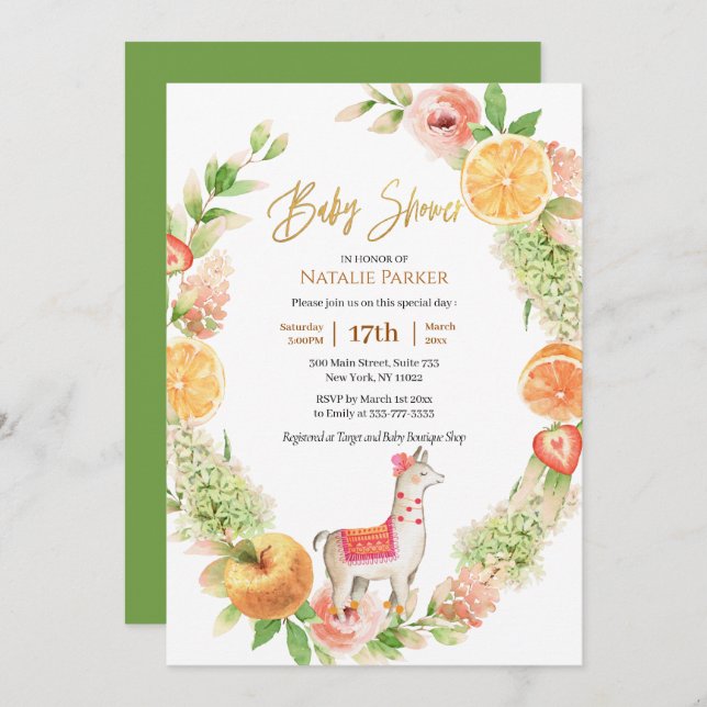 Llama Mama Citrus Floral Greenery Baby Shower Invitation (Front/Back)