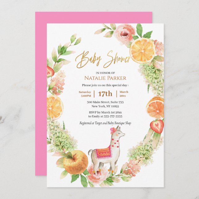 Llama Mama Citrus Floral Greenery Baby Shower  Invitation (Front/Back)