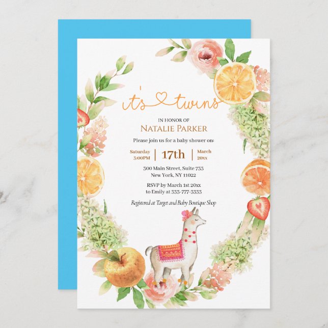 Llama Mama Citrus Greenery Twin Boys Baby Shower Invitation (Front/Back)