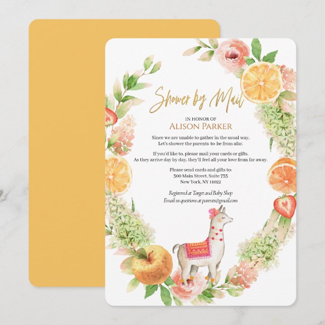Llama Mama Floral Greenery Baby Shower by Mail Invitation (Front/Back)