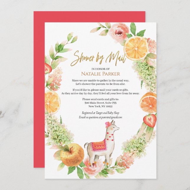 Llama Mama Floral Greenery Baby Shower by Mail Invitation (Front/Back)