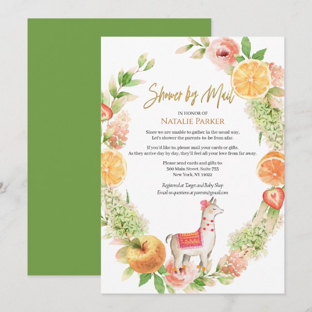 Llama Mama Floral Greenery Baby Shower by Mail Invitation (Front/Back)
