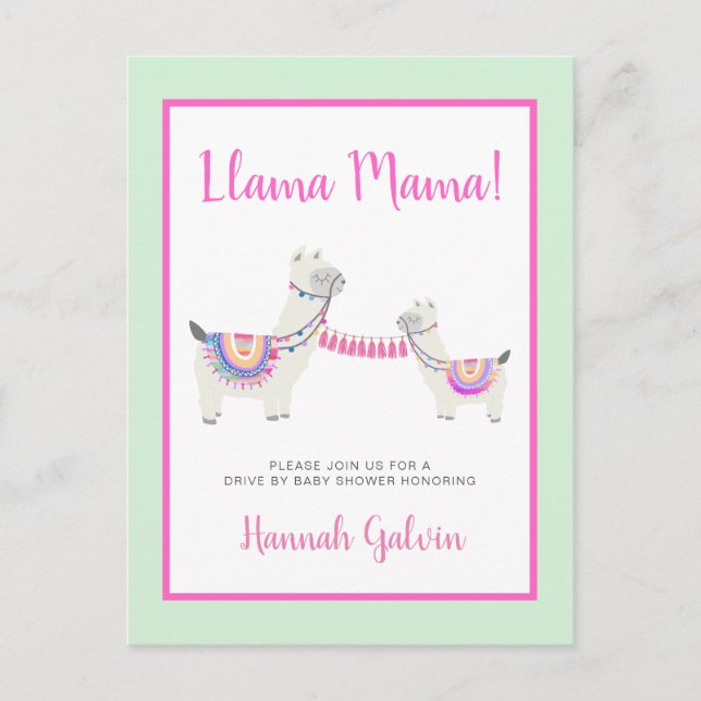 Llama Mama Hot Pink Green Drive By Baby Shower Invitation Postcard (Front)