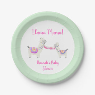 Llama Mama Hot Pink Mint Green Cute Baby Shower Paper Plate