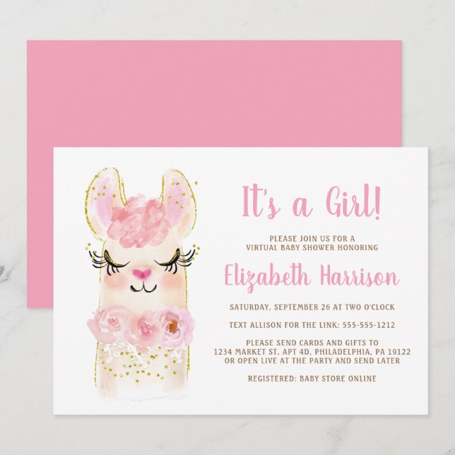 Llama Mama Pink Baby Girl Virtual Shower Invitatio Invitation (Front/Back)