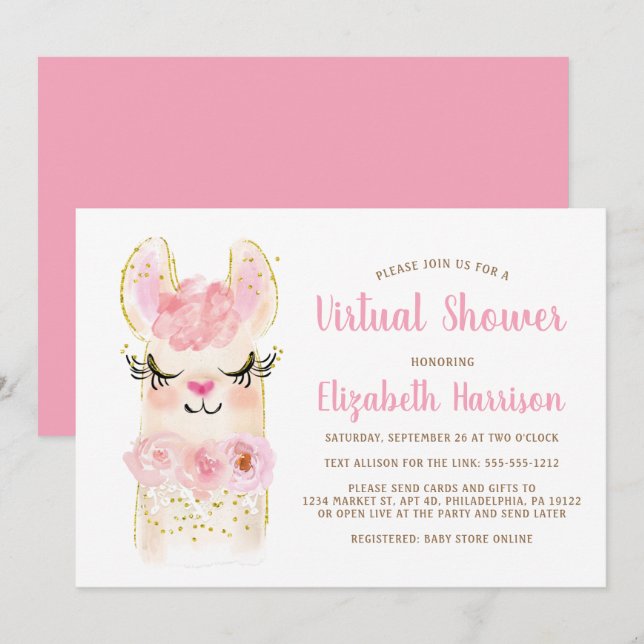 Llama Mama Pink Baby Virtual Shower Invitation (Front/Back)