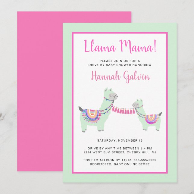 Llama Mama Pink Green Festive Drive By Baby Shower Invitation (Front/Back)