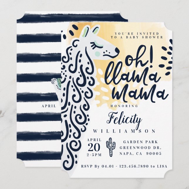 Llama Mama & Stripes - Gender Neutral Baby Shower Invitation (Front/Back)