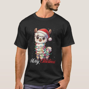 Llama Merry Christmas Lights Santa Hat Xmas Snow T-Shirt