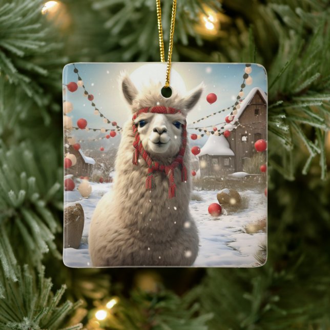 Llama Merry Christmas Ornament, Pet Lover Gift Ceramic Ornament (Tree)