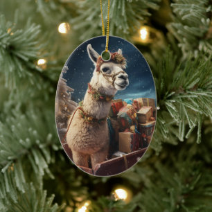 Llama Merry Christmas Ornament, Pet Lover Gift Ceramic Tree Decoration