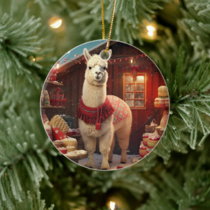 Llama Merry Christmas Ornament, Pet Lover Gift Ceramic Tree Decoration