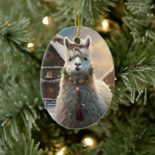 Llama Merry Christmas Ornament, Pet Lover Gift Ceramic Tree Decoration