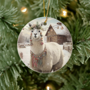 Llama Merry Christmas Ornament, Pet Lover Gift Ceramic Tree Decoration