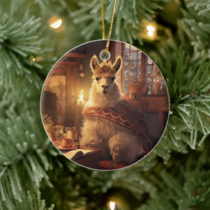 Llama Merry Christmas Ornament, Pet Lover Gift Ceramic Tree Decoration