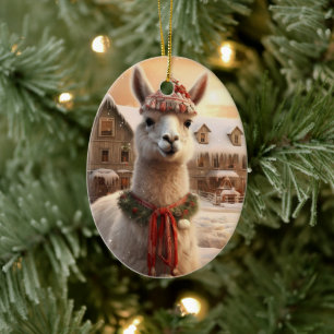 Llama Merry Christmas Ornament, Pet Lover Gift Ceramic Tree Decoration