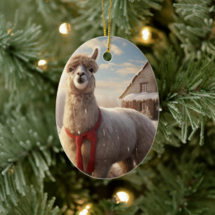 Llama Merry Christmas Ornament, Pet Lover Gift Ceramic Tree Decoration