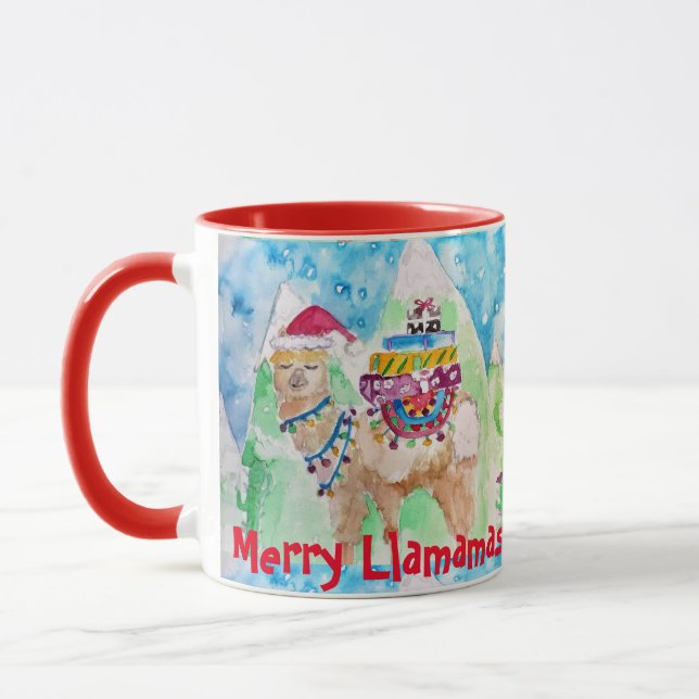 Llama Merry Llamamas Blue Red Christmas Mug (Left)