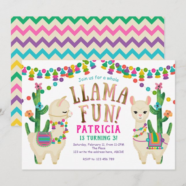Llama, Mexican, FIesta, Cute, Birthday Invitation (Front/Back)