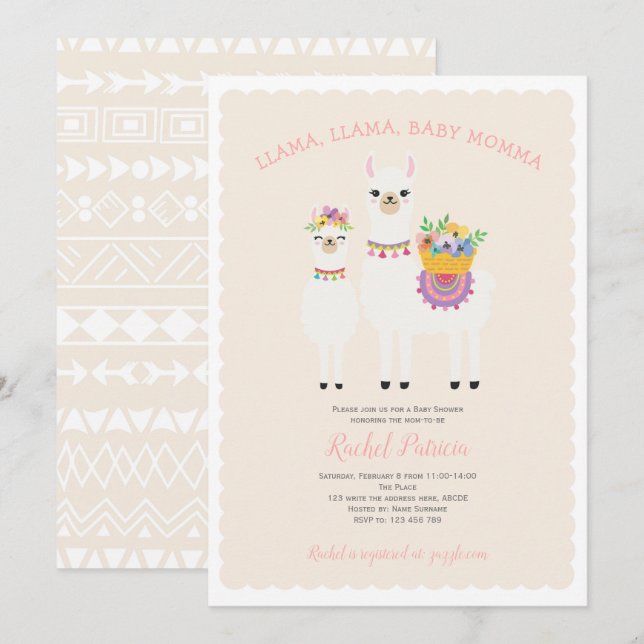 Llama Momma- Cute, Baby Girl Shower Invitation (Front/Back)