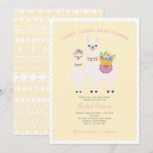 Llama Momma- Cute, Baby Girl Shower Invitation (Front/Back)