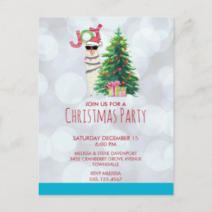 Llama on Silver Bokeh & Icy Blue Christmas Party Postcard